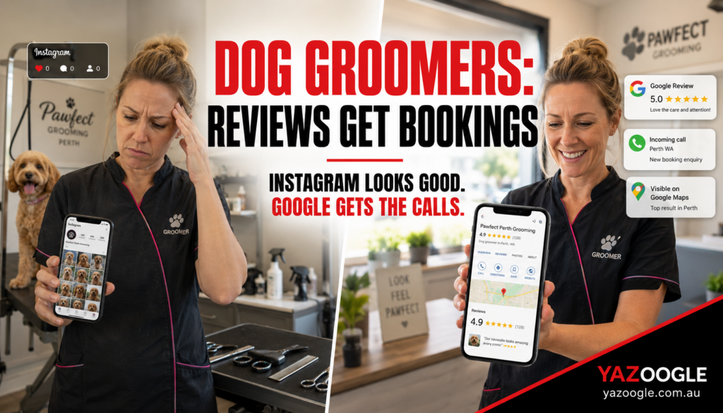Female Perth dog groomer comparing Instagram marketing with Google reviews and local search visibility to get more pet grooming bookings
